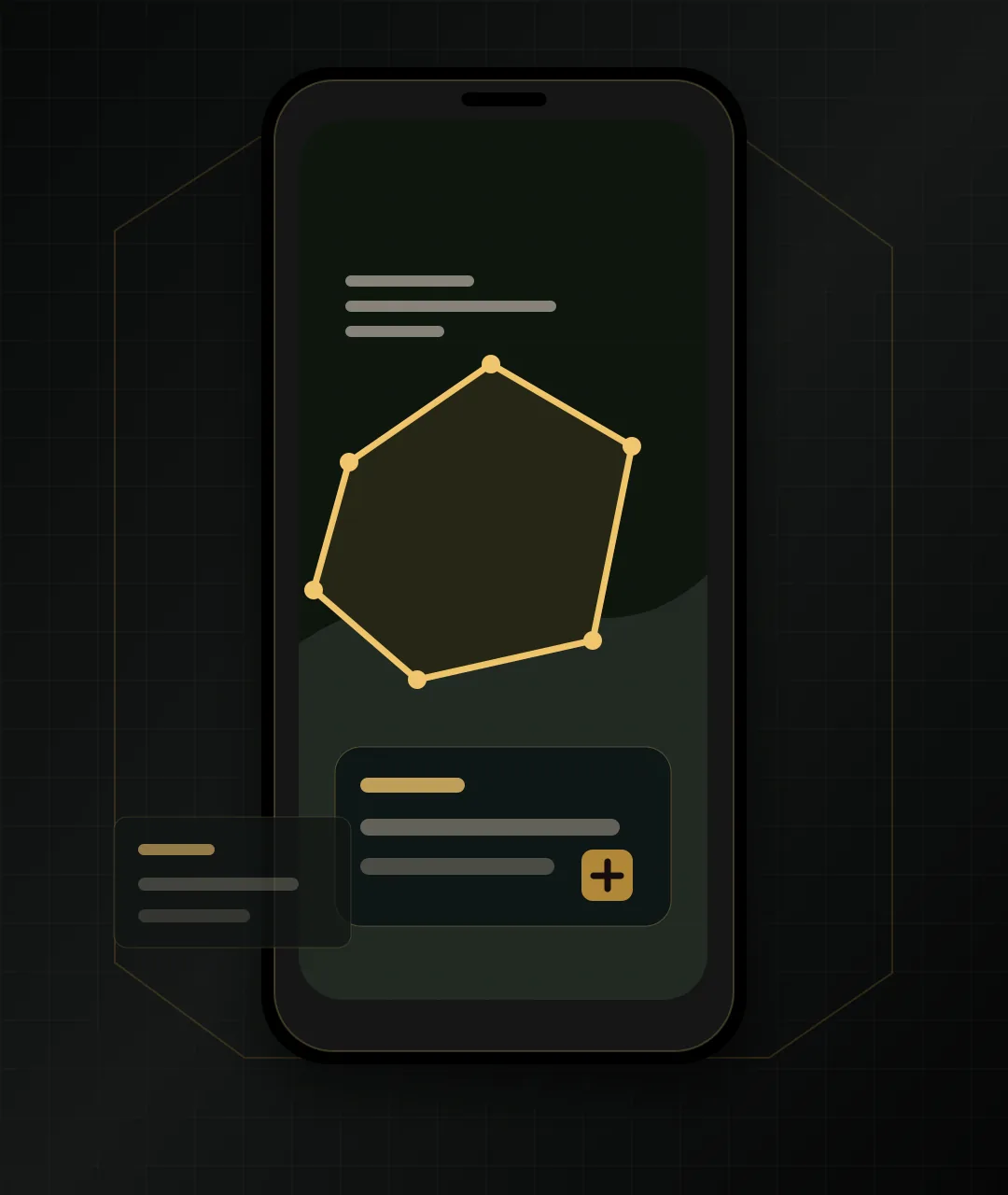 Abstract iPhone-style mockup showing Landscape Yardage Calculator measurement linework.